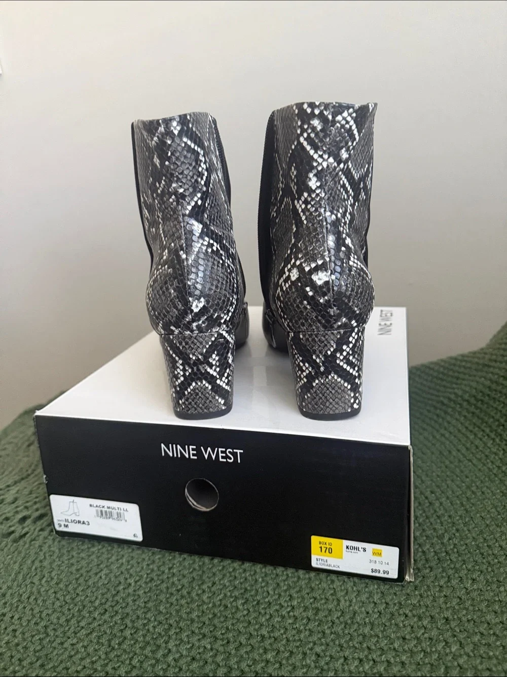 Nine West Black Pointed Leather Ankle Booties, with snake print in the back